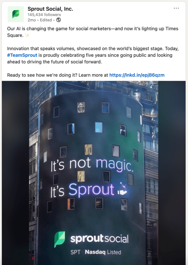 Sprout's LinkedIn post when it appeared in Times Square 